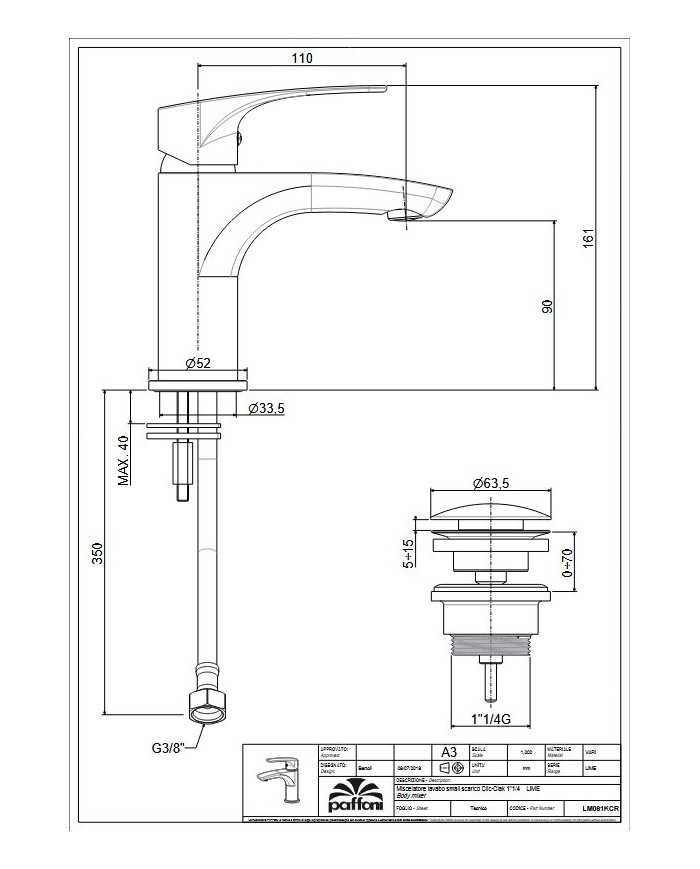 Miscelatore Lavabo Lime Paffoni cromo con scarico automatico da 1"1/4