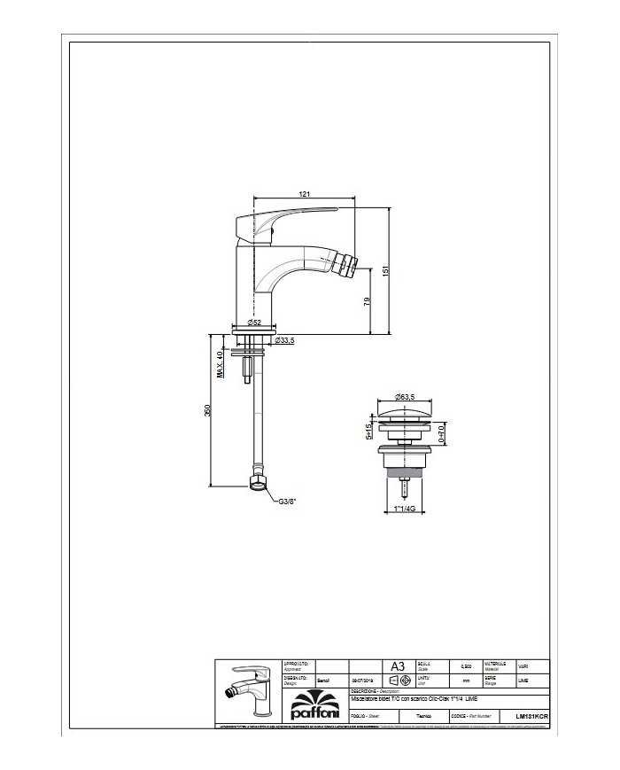 Miscelatore Bidet Lime Paffoni cromo con scarico automatico da 1"1/4